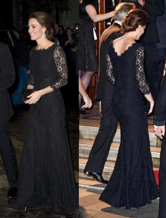 Side view of Elegant A-Line Jewel Neck 3/4 Sleeve Lace Formal Floor Length Evening Dress.