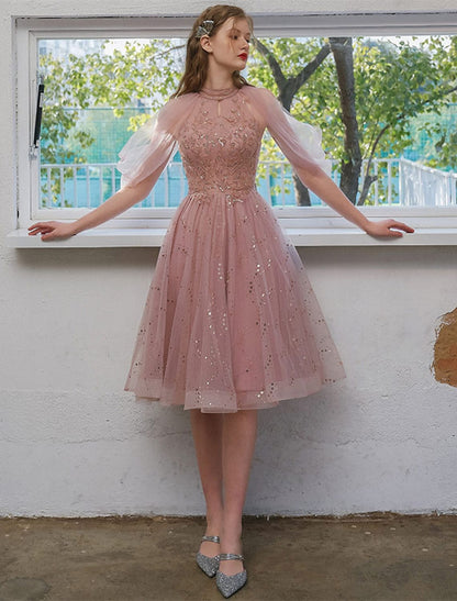 Elegant A-Line Jewel Neck 3/4 Sleeve Sequin Tulle Knee Length Cocktail Dress.