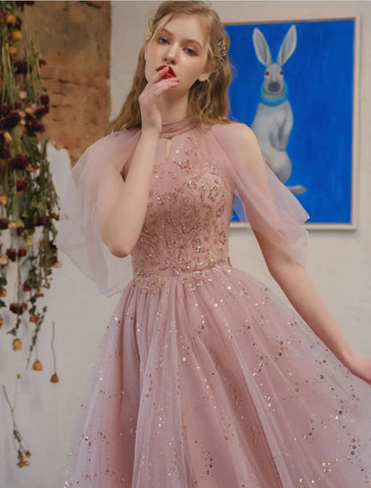 Elegant A-Line Jewel Neck 3/4 Sleeve Sequin Tulle Knee Length Cocktail Dress.