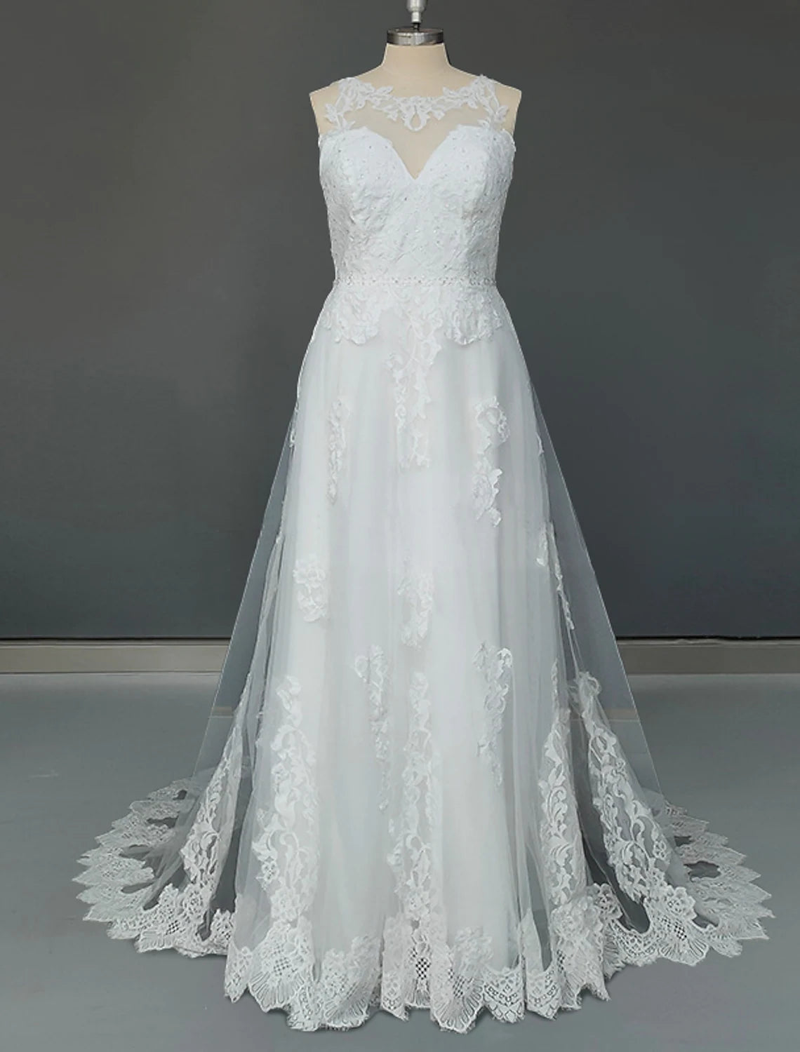 Elegant A-Line tulle wedding gown with appliques and court train.