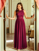 Elegant A-Line Jewel Neck Chiffon Maxi Prom Dress with Lace.