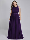 Elegant A-Line Jewel Neck Chiffon Prom Dress with Crystals, Floor Length.