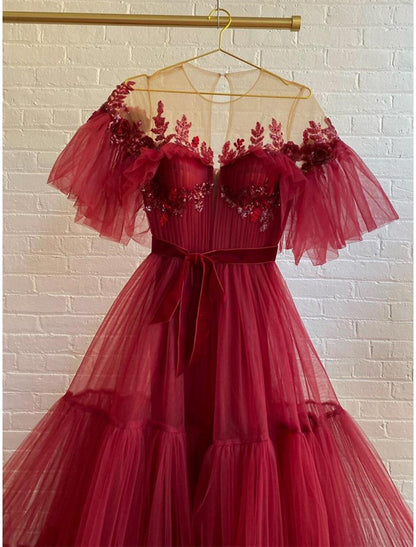 Elegant A-Line Jewel Neck Half Sleeve Beaded Tulle Floor Length Evening Dress.