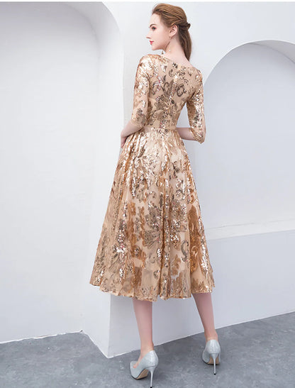 Elegant A-Line Jewel Neck Half Sleeve Sequined Tea Length Party Dress.