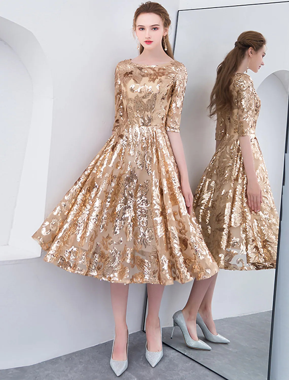 Elegant A-Line Jewel Neck Half Sleeve Sequined Tea Length Party Dress.