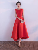 Elegant A-Line Jewel Neck Satin Asymmetrical Wedding Guest Gown.