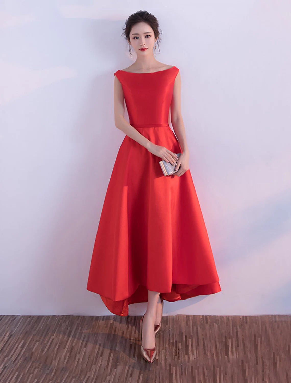 Elegant A-Line Jewel Neck Satin Asymmetrical Wedding Guest Gown.