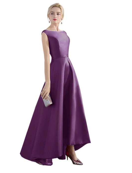 Elegant A-Line Jewel Neck Satin Asymmetrical Wedding Guest Gown.