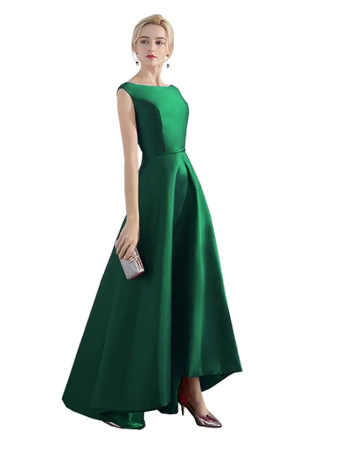 Elegant A-Line Jewel Neck Satin Asymmetrical Wedding Guest Gown.