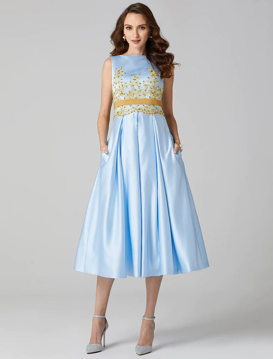 Elegant A-Line Jewel Neck Satin Tea Length Party Dress with Appliques.
