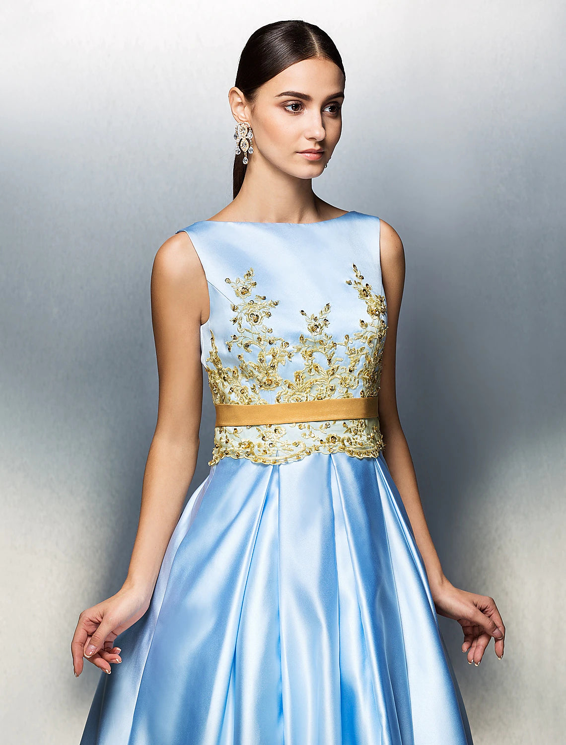 Elegant A-Line Jewel Neck Satin Tea Length Party Dress with Appliques.