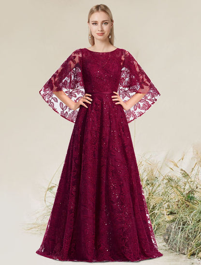 Elegant A-Line Jewel Neck Short Sleeve Floral Applique Floor Length Evening Dress.
