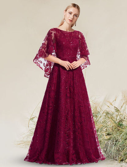 Elegant A-Line Jewel Neck Short Sleeve Floral Applique Floor Length Evening Dress.