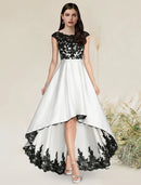 Elegant A-Line Jewel Neck Sleeveless Asymmetrical Satin Evening Dress with Appliques.