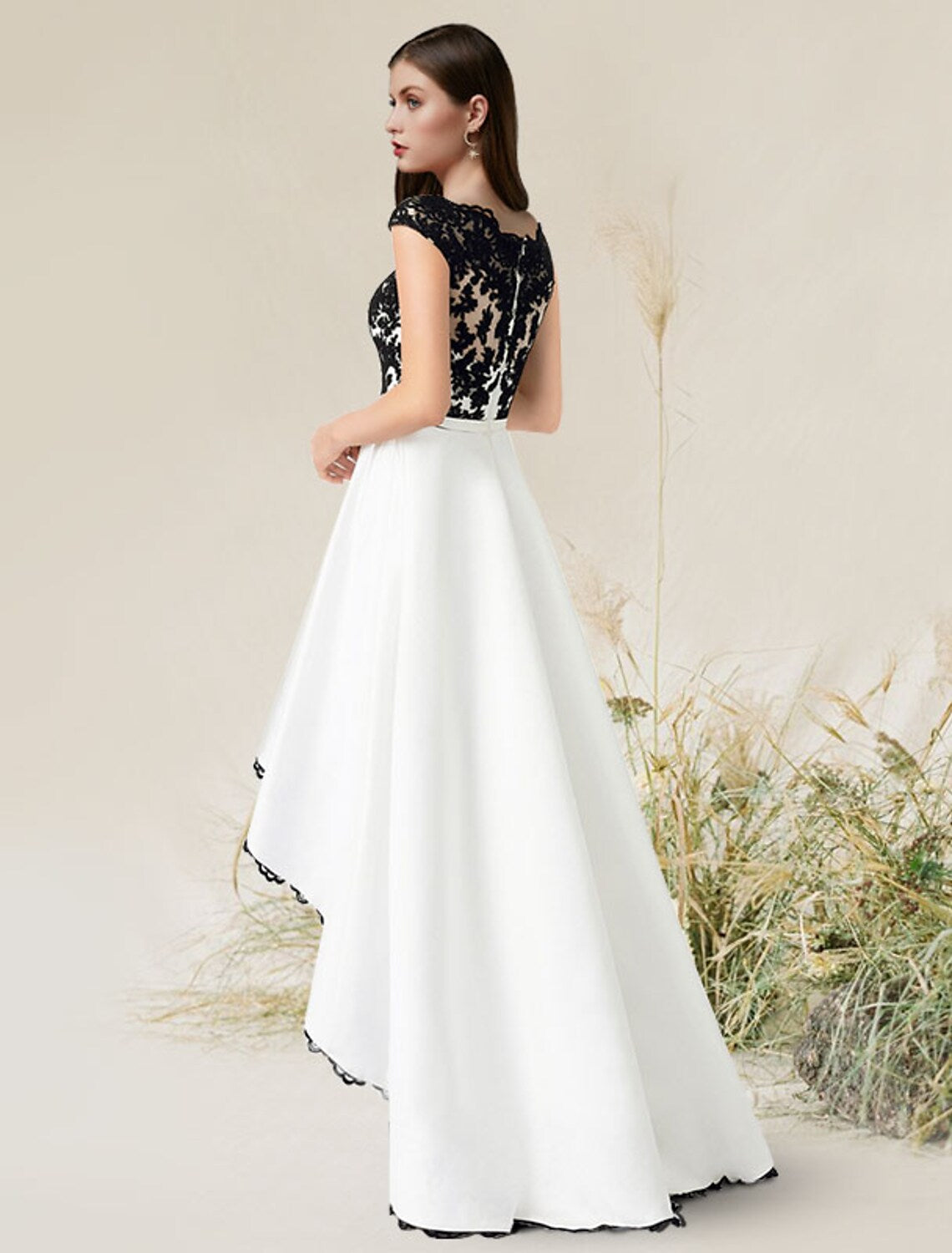 Elegant A-Line Jewel Neck Sleeveless Asymmetrical Satin Evening Dress with Appliques.