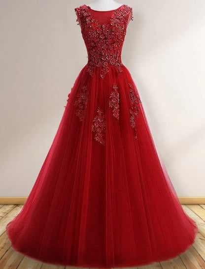 Elegant A-Line prom dress in light blue with jewel neck and appliques.