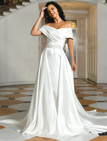 Elegant A-Line Off Shoulder Criss Cross Ruched Sweep Train Wedding Dress.
