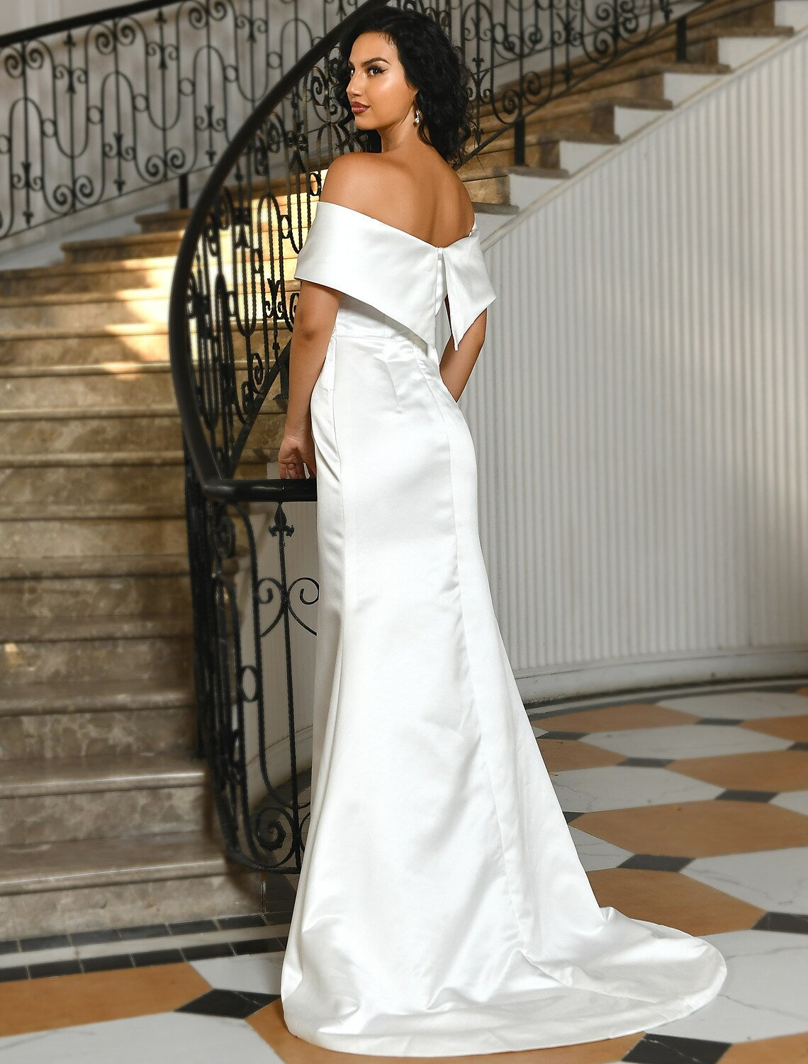 Elegant A-Line Off Shoulder Criss Cross Ruched Sweep Train Wedding Dress.