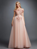 Full length view of an elegant A-line off-shoulder floral applique tulle wedding guest dress.