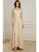 Elegant A-Line Off Shoulder Long Sleeve Applique Overskirt Gown.