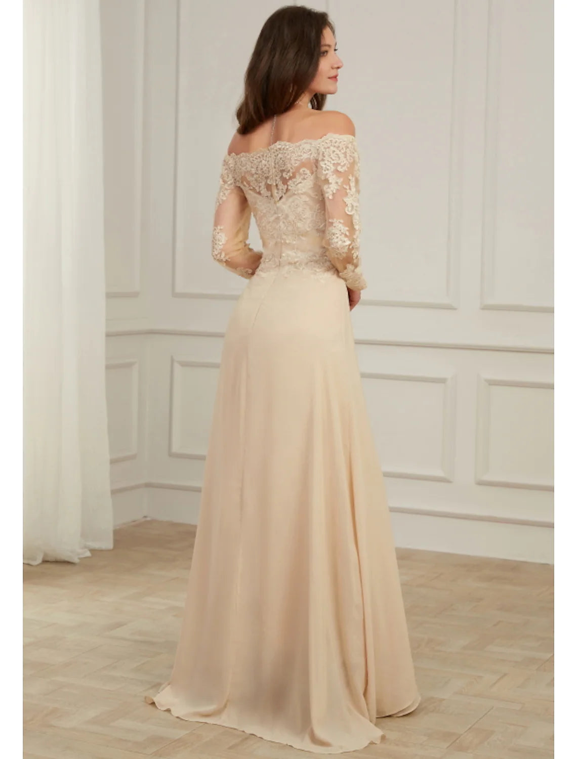 Elegant A-Line Off Shoulder Long Sleeve Applique Overskirt Gown.