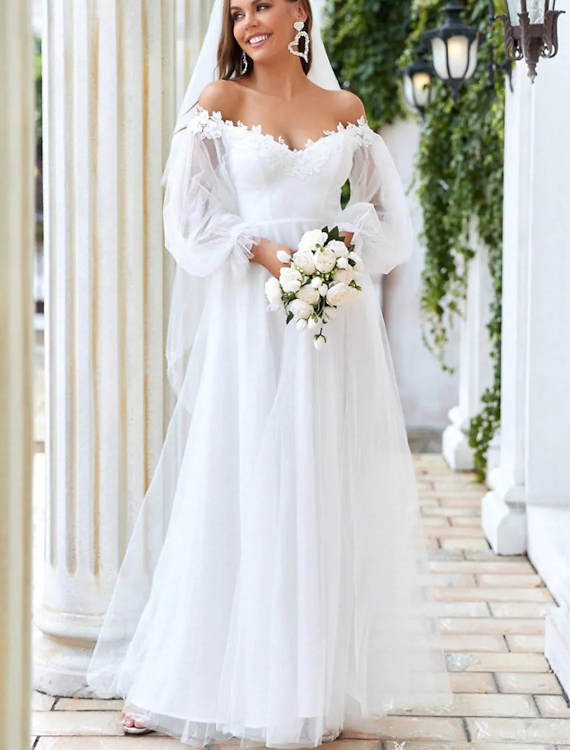 Elegant A-Line Off Shoulder Long Sleeve Tulle Lace Beach Wedding Gown.