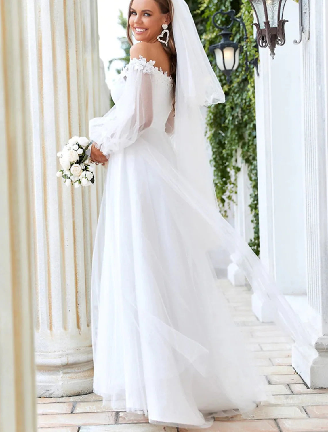 Elegant A-Line Off Shoulder Long Sleeve Tulle Lace Beach Wedding Gown.