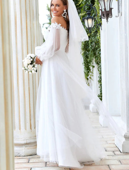 Elegant A-Line Off Shoulder Long Sleeve Tulle Lace Beach Wedding Gown.