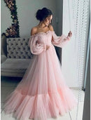 Elegant A-Line Off-Shoulder Long Sleeve Tulle Prom Dress with Appliques.