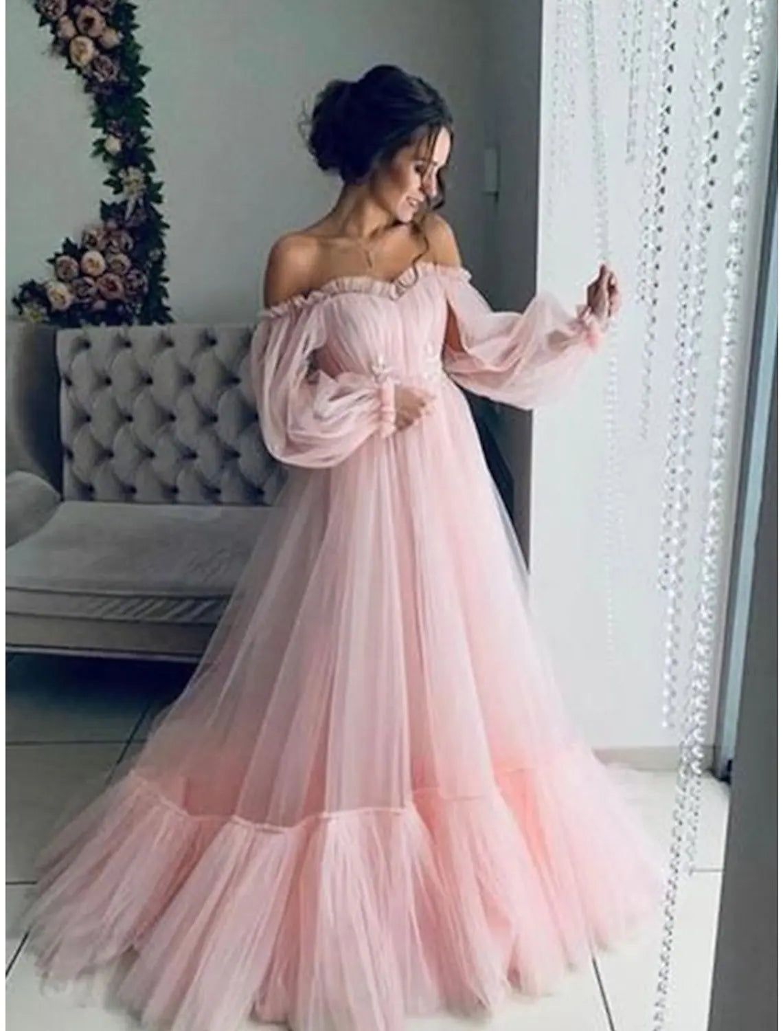 Elegant A-Line Off-Shoulder Long Sleeve Tulle Prom Dress with Appliques.