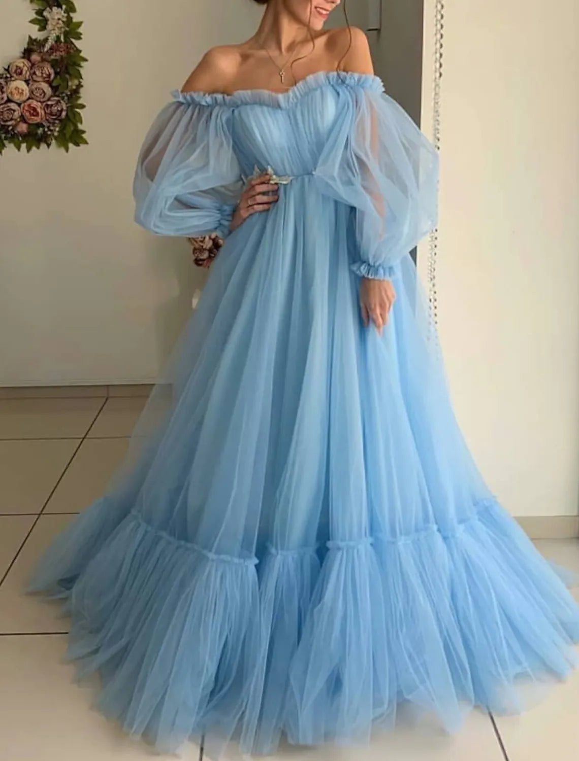 Elegant A-Line Off-Shoulder Long Sleeve Tulle Prom Dress with Appliques.