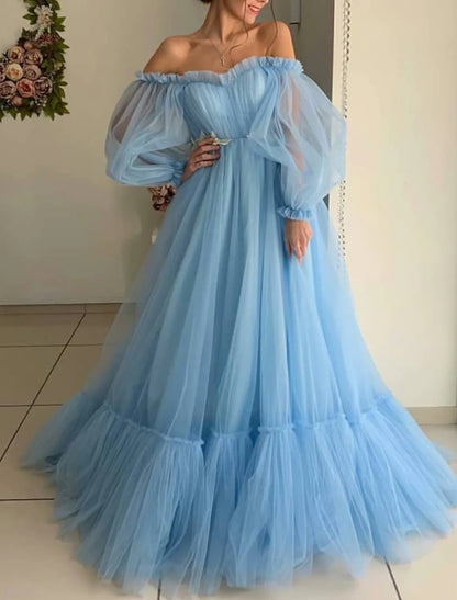 Elegant A-Line Off-Shoulder Long Sleeve Tulle Prom Dress with Appliques.