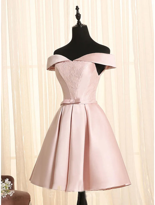 Elegant A-Line off-shoulder satin mini cocktail dress with a bow and lace insert.