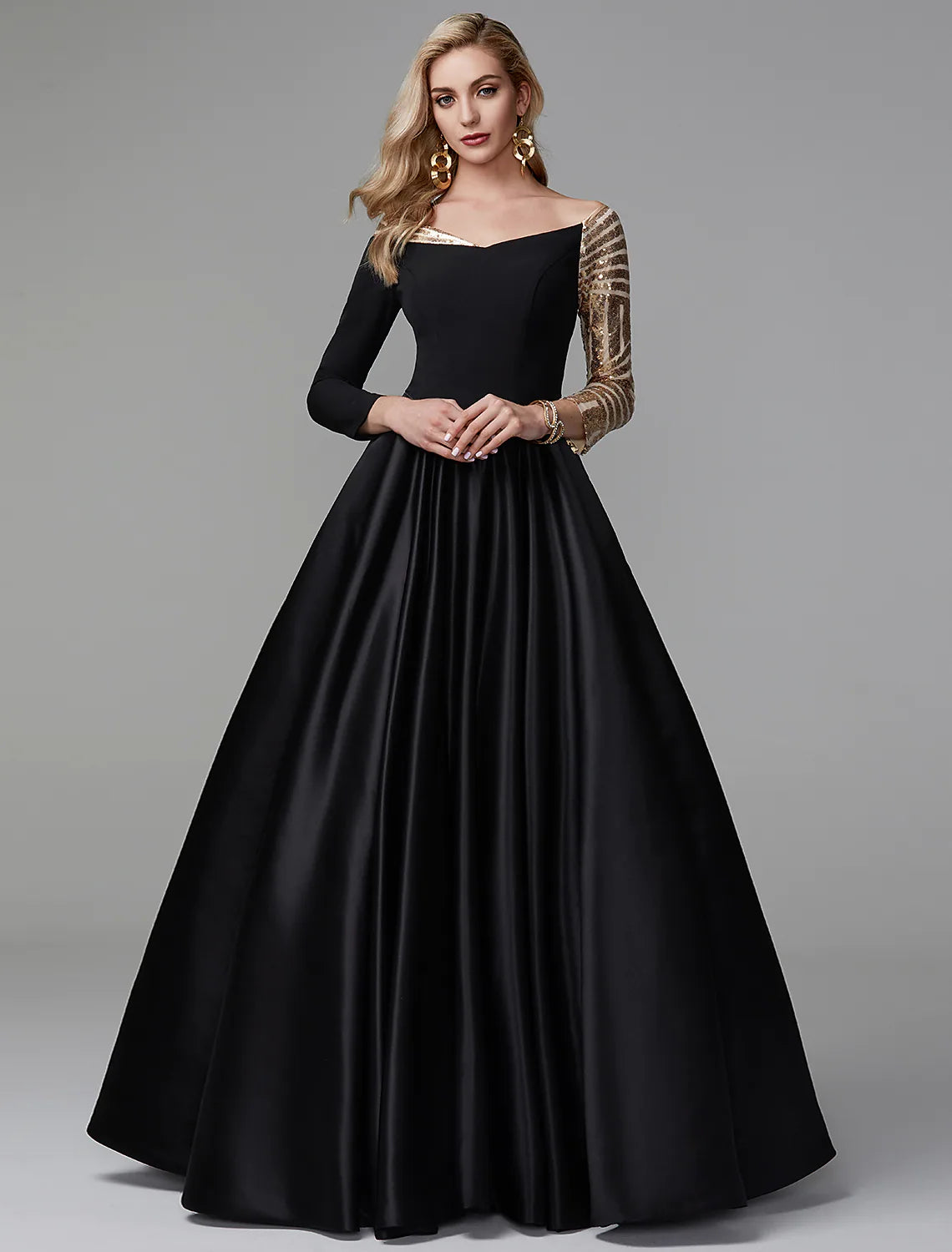 Elegant A-Line off-shoulder short sleeve glitter tulle prom dress with a slit.