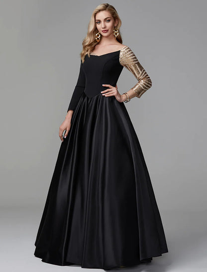 Side view of an elegant A-Line off-shoulder short sleeve glitter tulle prom dress.