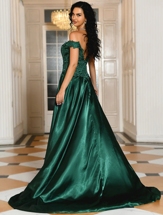 Back view of Elegant A-Line Off-Shoulder Prom Dress with Sweep Train.