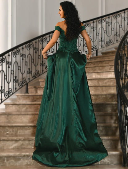 Side view of Elegant A-Line Off-Shoulder Prom Dress with High Slit.