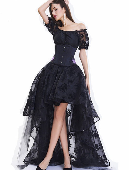 Elegant A-Line off-shoulder short sleeve lace embroidered blush prom dress.