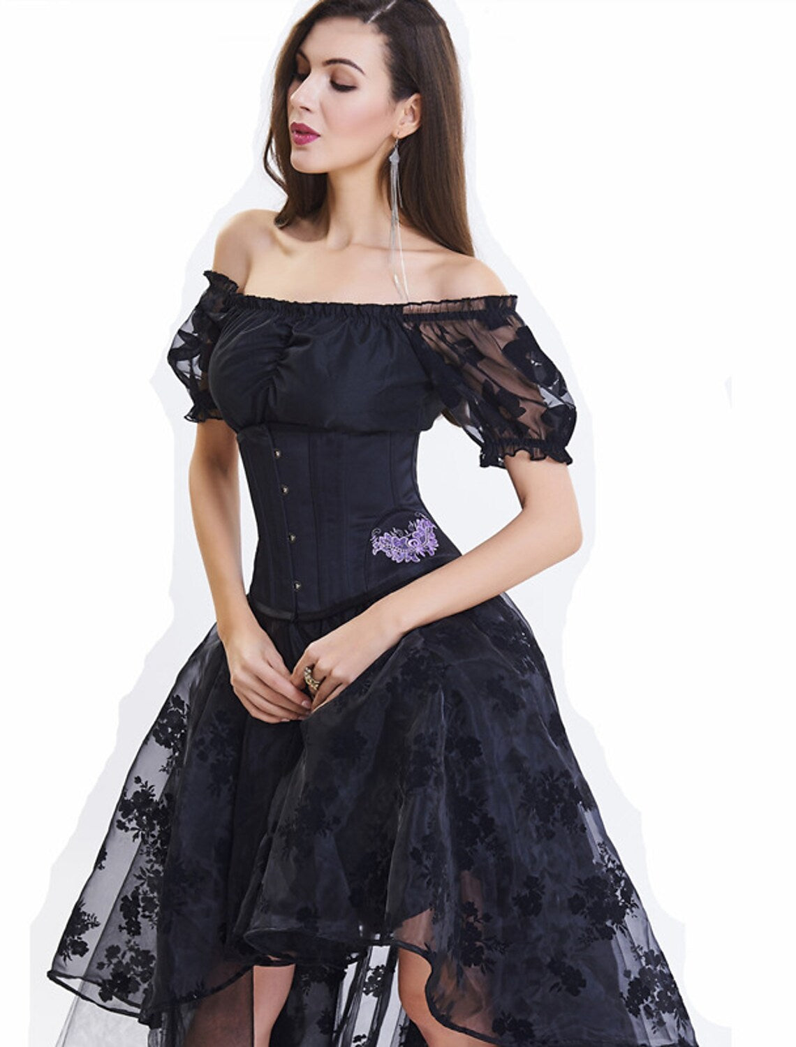 Side view of elegant A-Line off-shoulder short sleeve lace embroidered blush prom dress.
