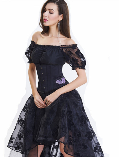 Side view of elegant A-Line off-shoulder short sleeve lace embroidered blush prom dress.