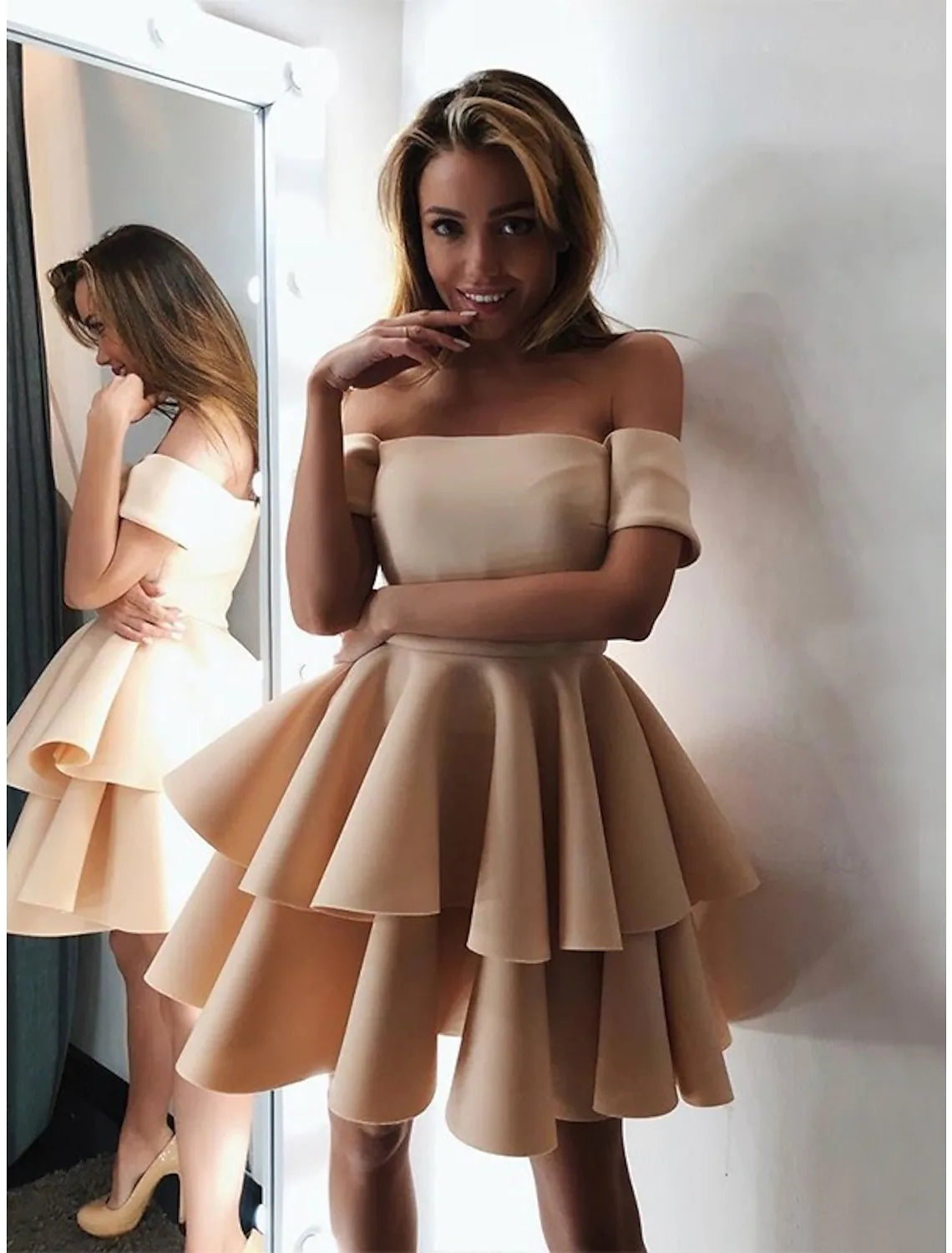 Elegant A-Line Off-Shoulder Short Sleeve Tiered Satin Cocktail Dress Knee-Length.