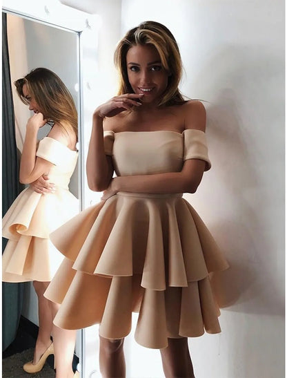 Elegant A-Line Off-Shoulder Short Sleeve Tiered Satin Cocktail Dress Knee-Length.