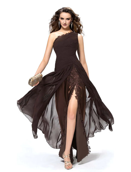 Elegant A-line one-shoulder backless chiffon evening dress with a slit.