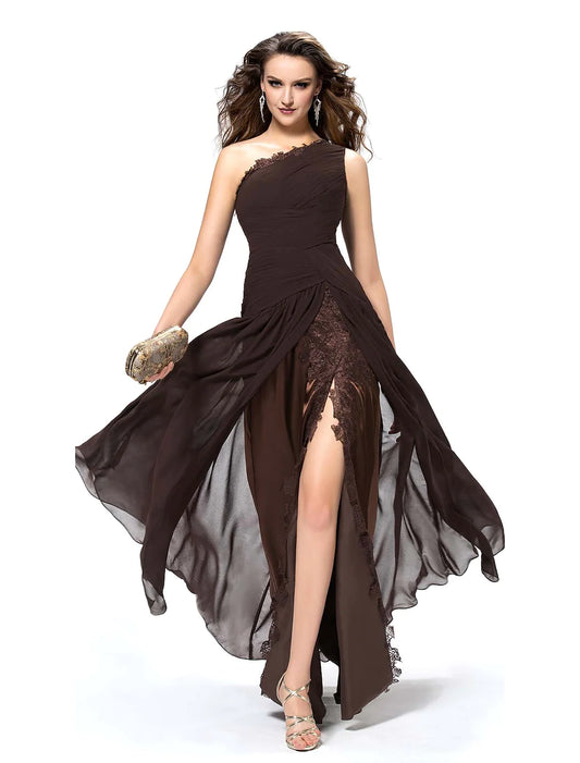Elegant A-line one-shoulder backless chiffon evening dress with a slit.