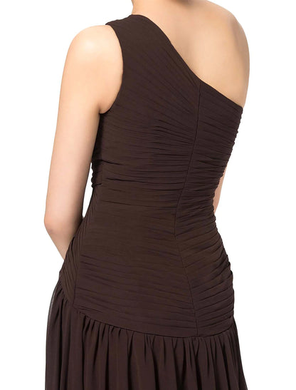 Full view of the elegant A-line chiffon evening dress, highlighting the slit and lace insert.