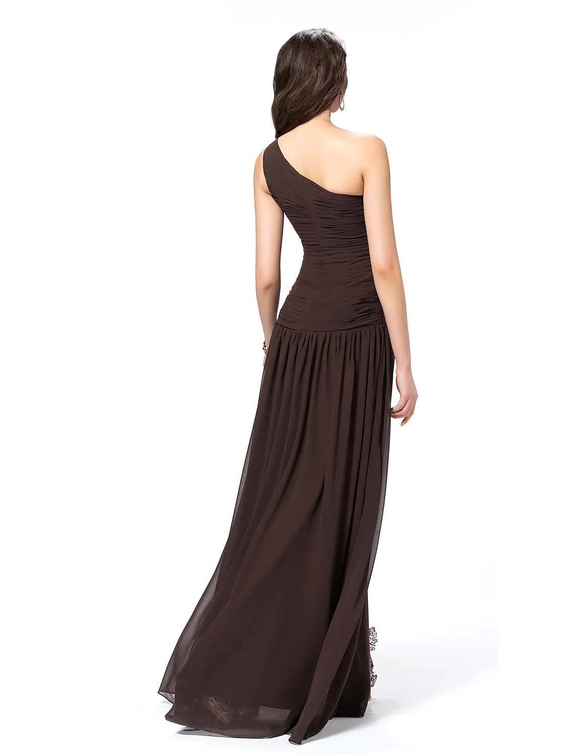 Side view of the elegant A-line one-shoulder evening dress, showing the flow of the chiffon fabric.
