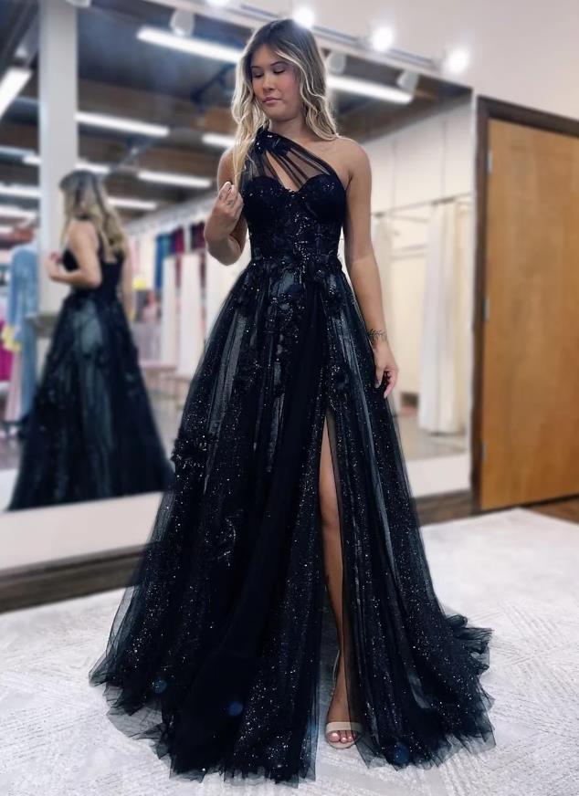 Elegant A-Line one-shoulder color block tulle prom dress with a sweep train.