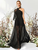 Elegant A-Line One-Shoulder Half-Sleeve Lace Pleated Floor-Length Evening Gown.