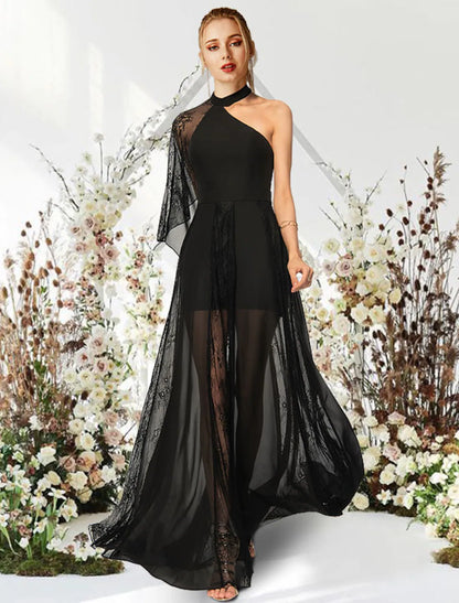 Elegant A-Line One-Shoulder Half-Sleeve Lace Pleated Floor-Length Evening Gown.
