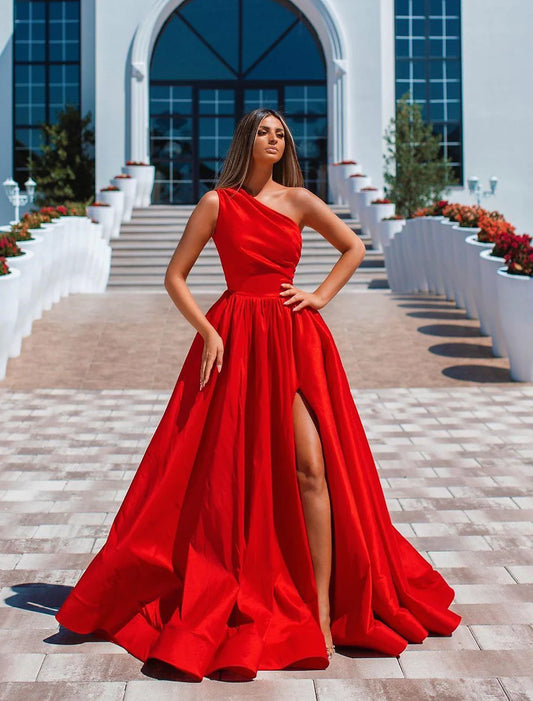 Elegant A-Line One Shoulder High Split Ruched Floor Length Evening Gown.